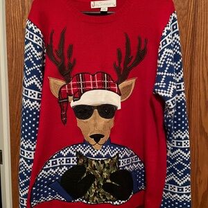 Festive Red Sweater with Blue Patterned Sleeves